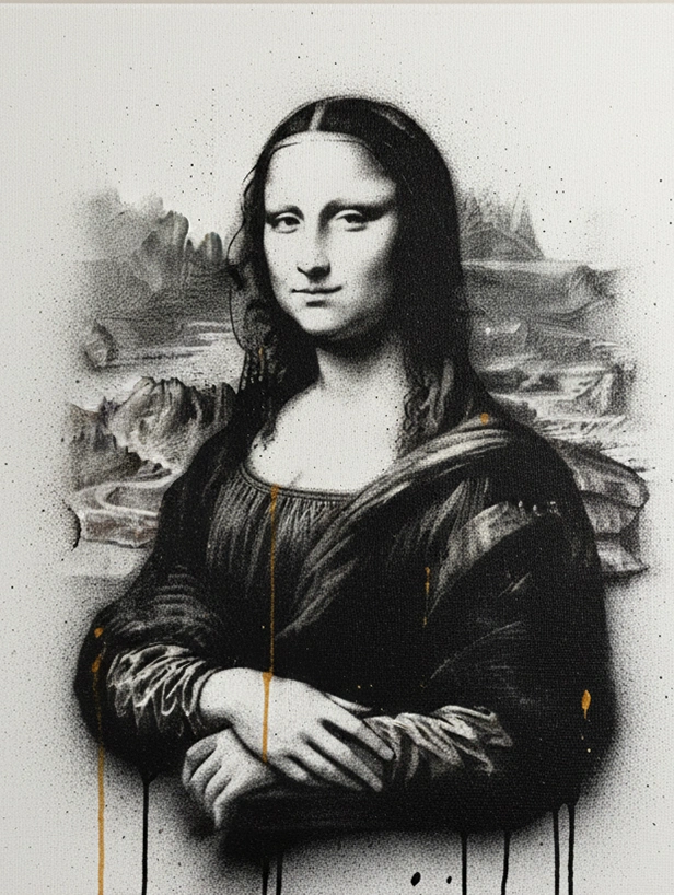 The Mona Lisa begins as a raw street art sketch on canvas bold outlines and minimal color mark the birth of a modern masterpiece.
