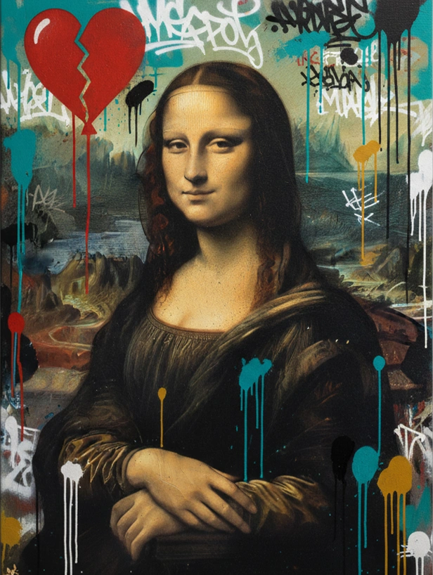 Layers of graffiti color and texture define the Mona Lisa’s face street art meets Renaissance depth in a striking transformation.
