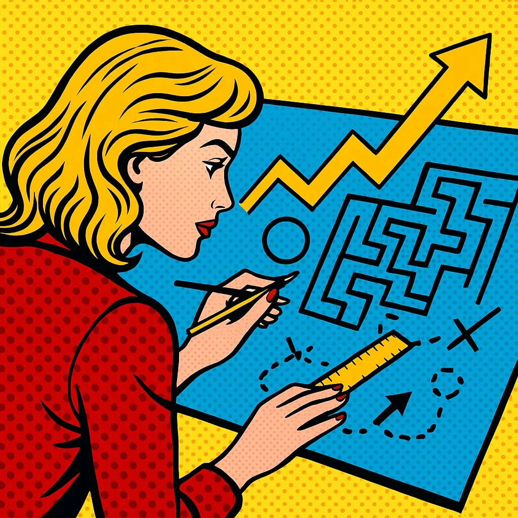 Pop-art style illustration representing “Strategy”, symbolizing planning, direction, and the design of effective paths to achieve measurable goals through technology and creativity.