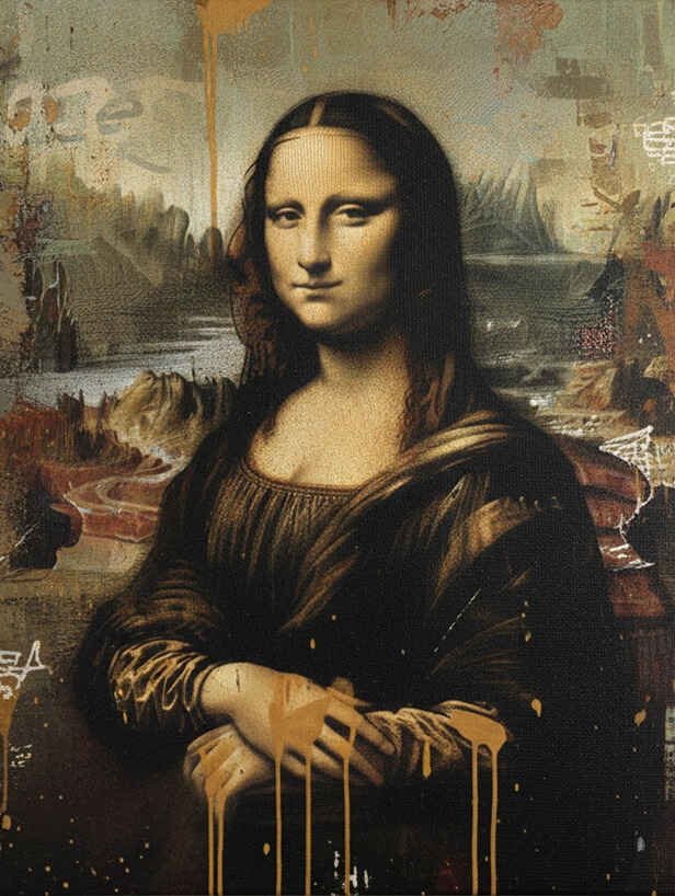 The street art Mona Lisa takes form with emerging shades and texture a mix of spray paint control and creative spontaneity.