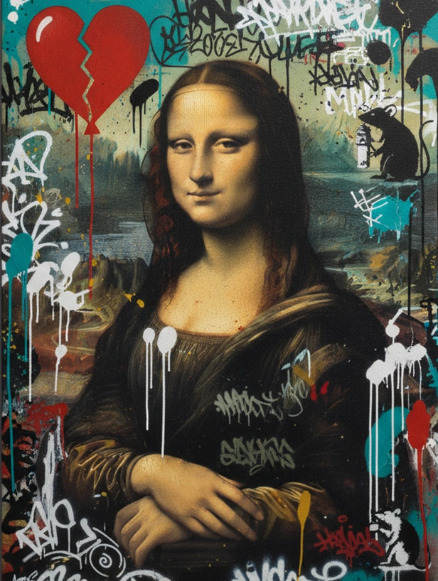 The Mona Lisa reborn in full street art style vibrant graffiti, bold tags, and raw emotion blend into a powerful modern icon.